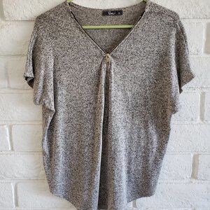 Beige and Black Speckled Knit Short Sleeve Blouse with Gold Zipper Front